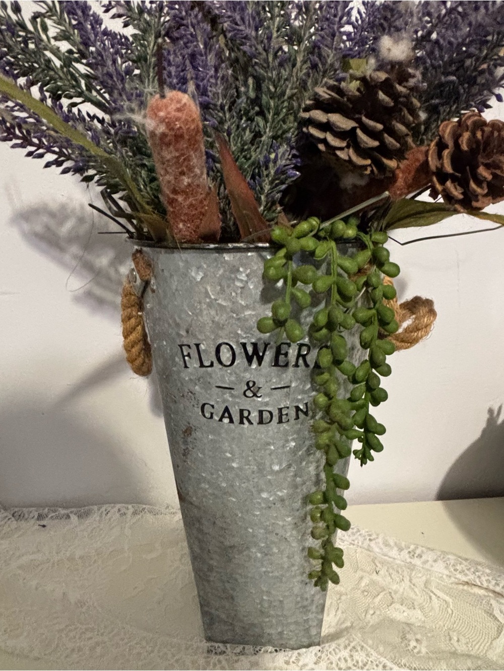 Galvanized Metal Vase with Rope Handles - Gray